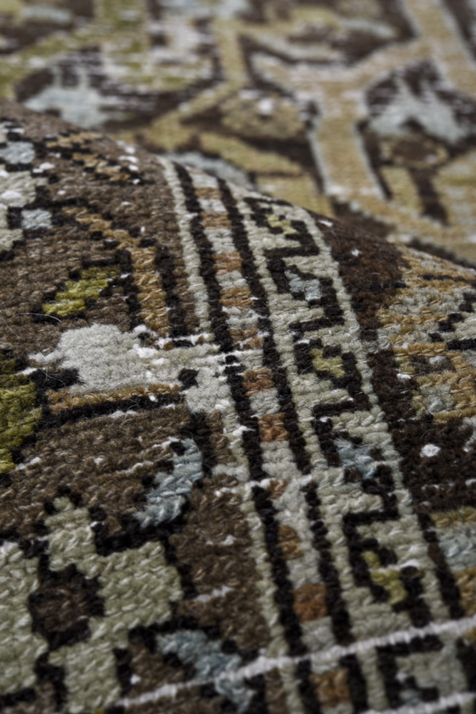3' x 15' one-of-a-kind handmade vintage Malayer runner rug. Color palette: brown, taupe, ivory, blue_gray, charcoal, olive