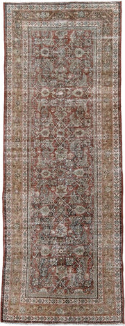 4' x 10' one-of-a-kind handmade vintage Mahal runner rug. Color palette: rust, ivory, taupe, sage, brown, charcoal