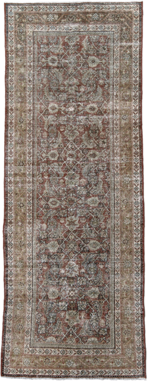 4' x 10' one-of-a-kind handmade vintage Mahal runner rug. Color palette: rust, ivory, taupe, sage, brown, charcoal