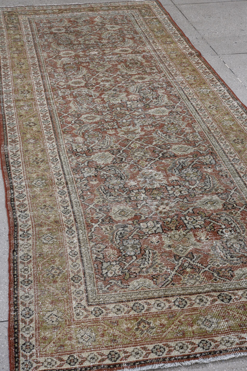4' x 10' one-of-a-kind handmade vintage Mahal runner rug. Color palette: rust, ivory, taupe, sage, brown, charcoal
