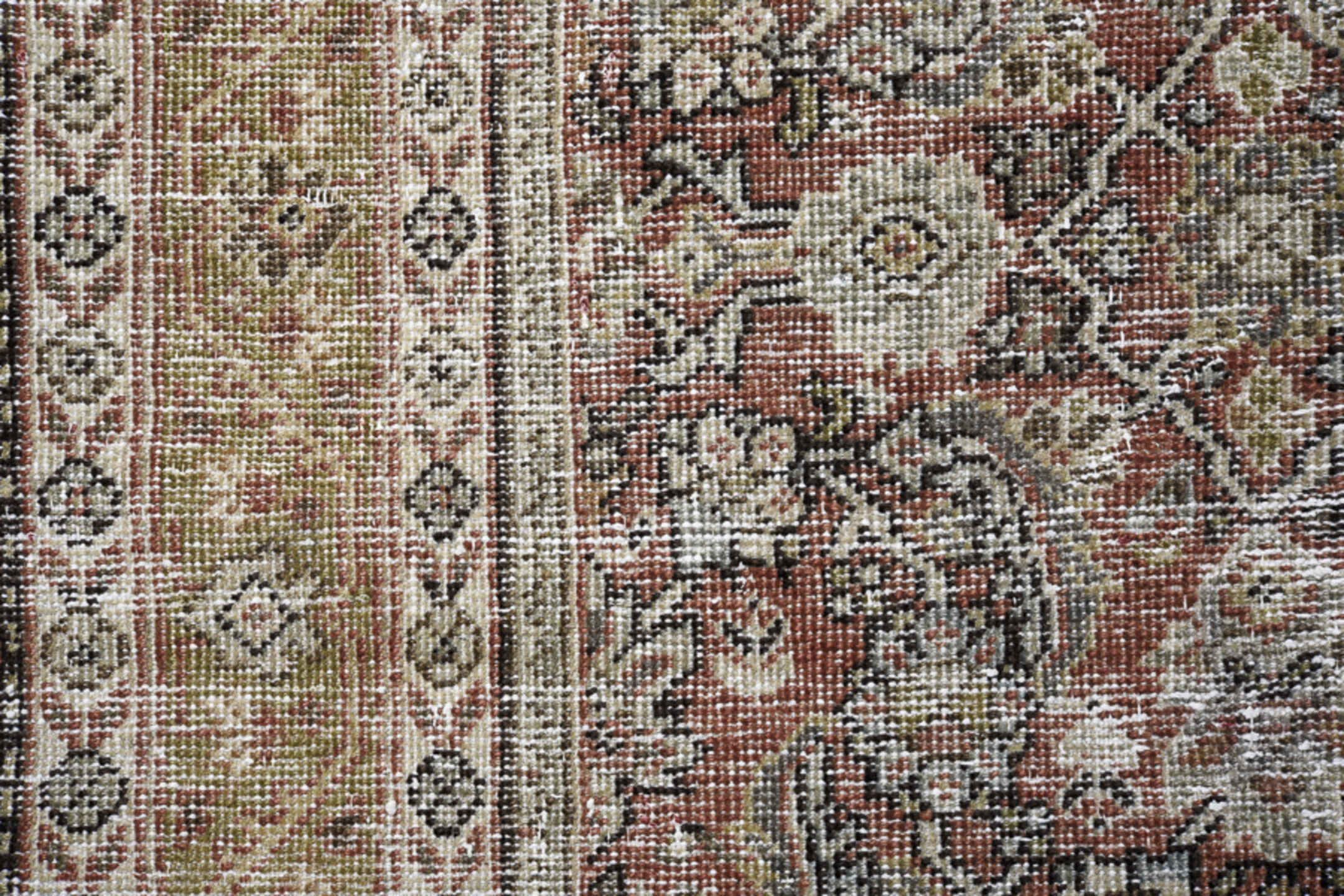 4' x 10' one-of-a-kind handmade vintage Mahal runner rug. Color palette: rust, ivory, taupe, sage, brown, charcoal