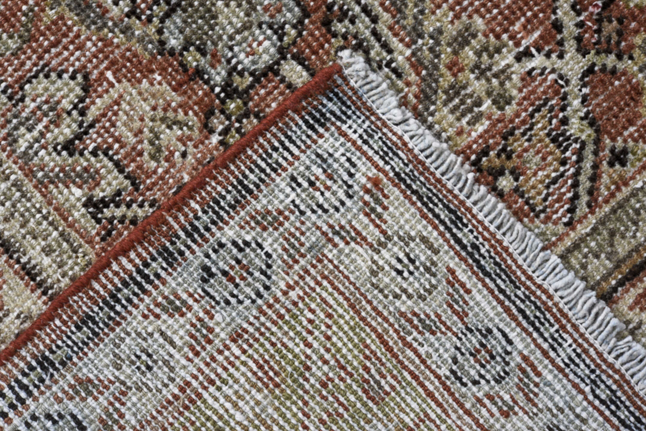4' x 10' one-of-a-kind handmade vintage Mahal runner rug. Color palette: rust, ivory, taupe, sage, brown, charcoal