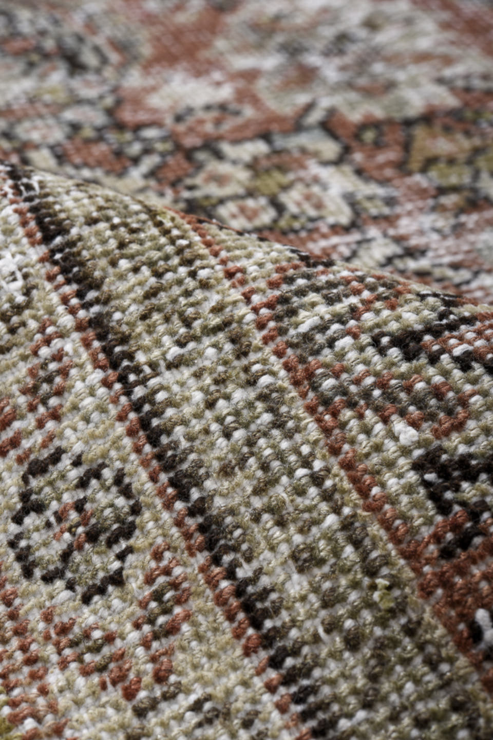 4' x 10' one-of-a-kind handmade vintage Mahal runner rug. Color palette: rust, ivory, taupe, sage, brown, charcoal