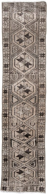 2' x 9' one-of-a-kind handmade vintage Baktiary runner rug. Color palette: taupe, ivory, charcoal, brown, beige, gray, black