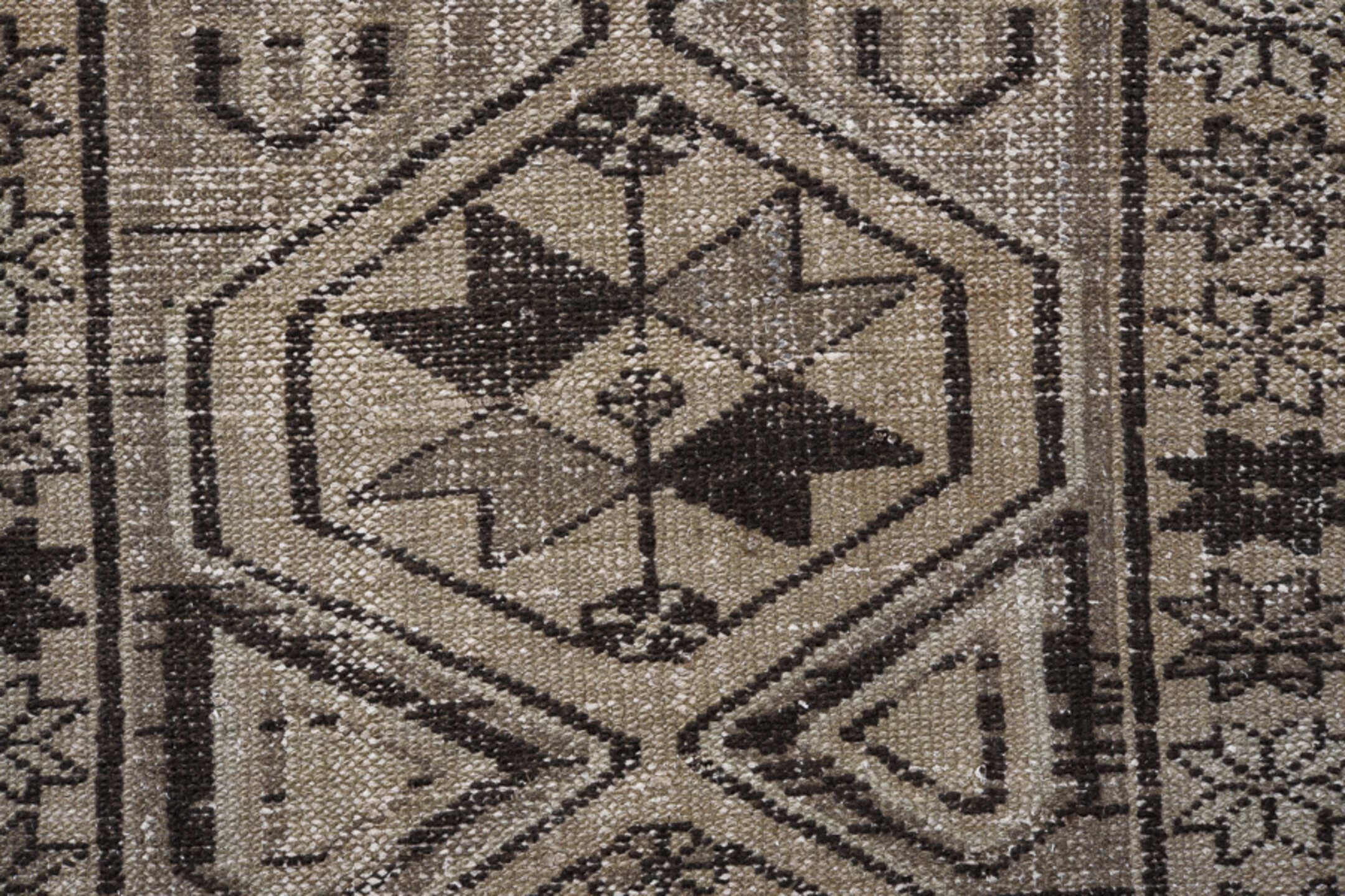 2' x 9' one-of-a-kind handmade vintage Baktiary runner rug. Color palette: taupe, ivory, charcoal, brown, beige, gray, black