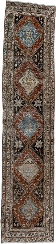 2' x 12' one-of-a-kind handmade vintage Malayer runner rug. Color palette: ivory, rust, sky blue, charcoal, taupe, brown