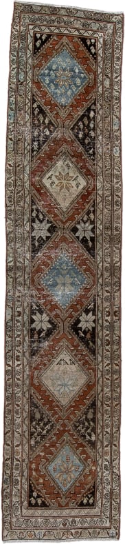 2' x 12' one-of-a-kind handmade vintage Malayer runner rug. Color palette: ivory, rust, sky blue, charcoal, taupe, brown