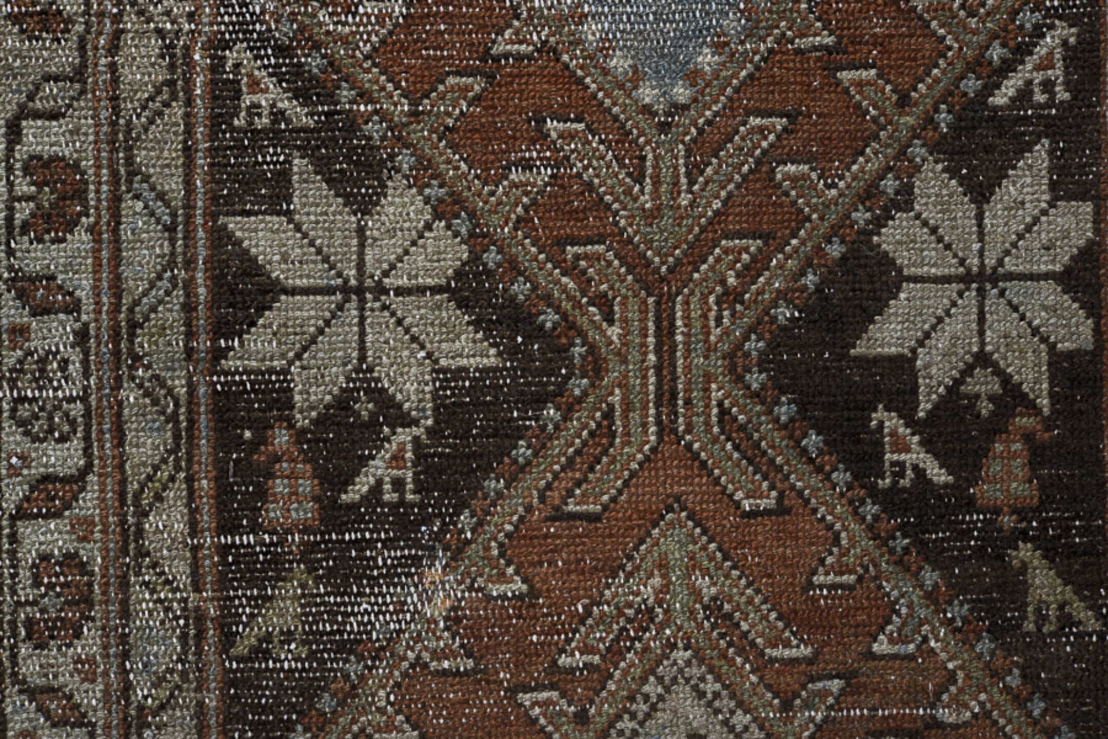 2' x 12' one-of-a-kind handmade vintage Malayer runner rug. Color palette: ivory, rust, sky blue, charcoal, taupe, brown