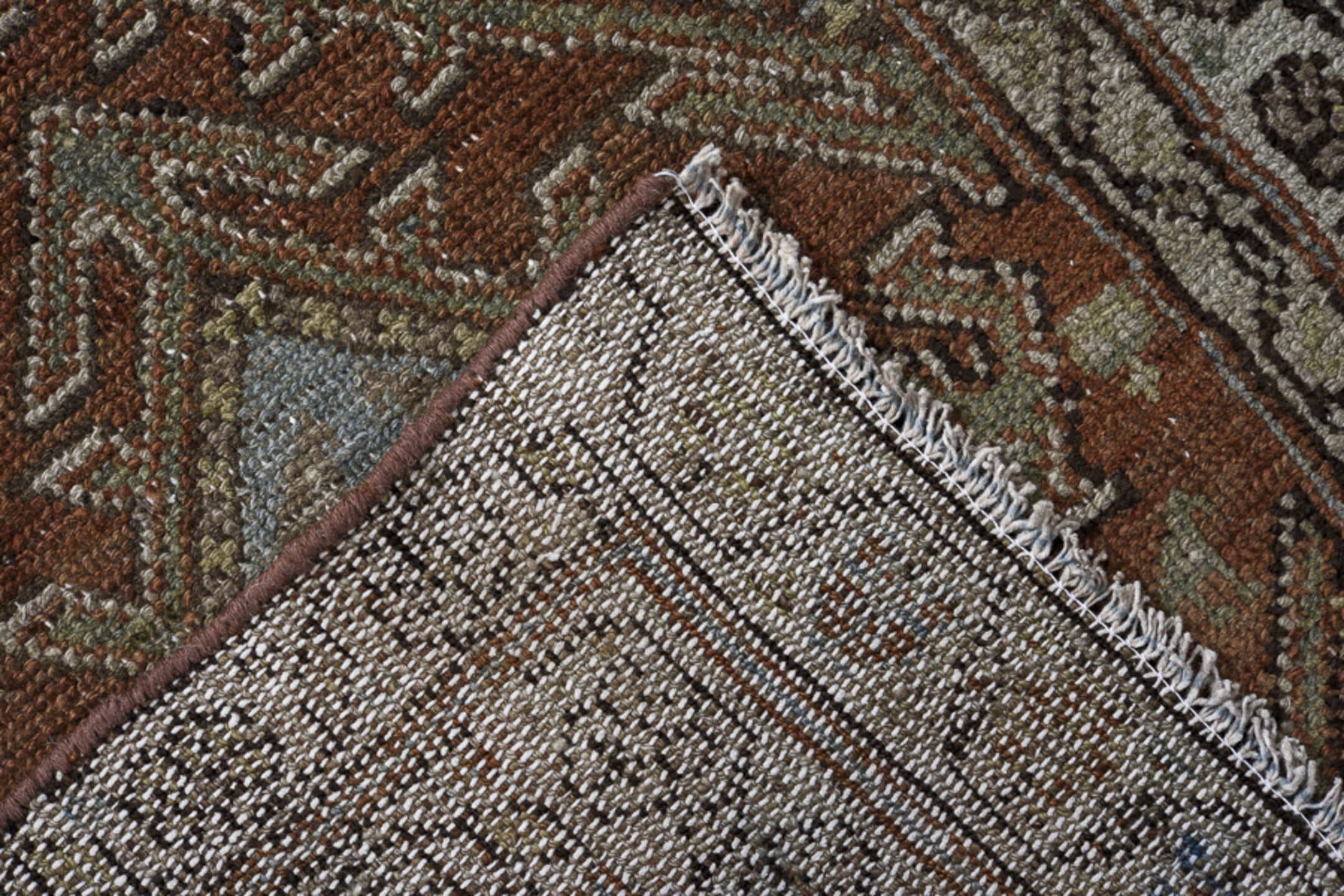 2' x 12' one-of-a-kind handmade vintage Malayer runner rug. Color palette: ivory, rust, sky blue, charcoal, taupe, brown