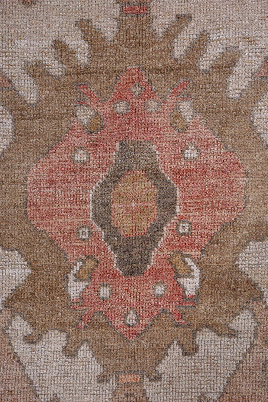 8' x 11' one-of-a-kind handmade antique  large size rug. Color palette: camel, taupe, ivory, rose, rust, brown, lilac, beige