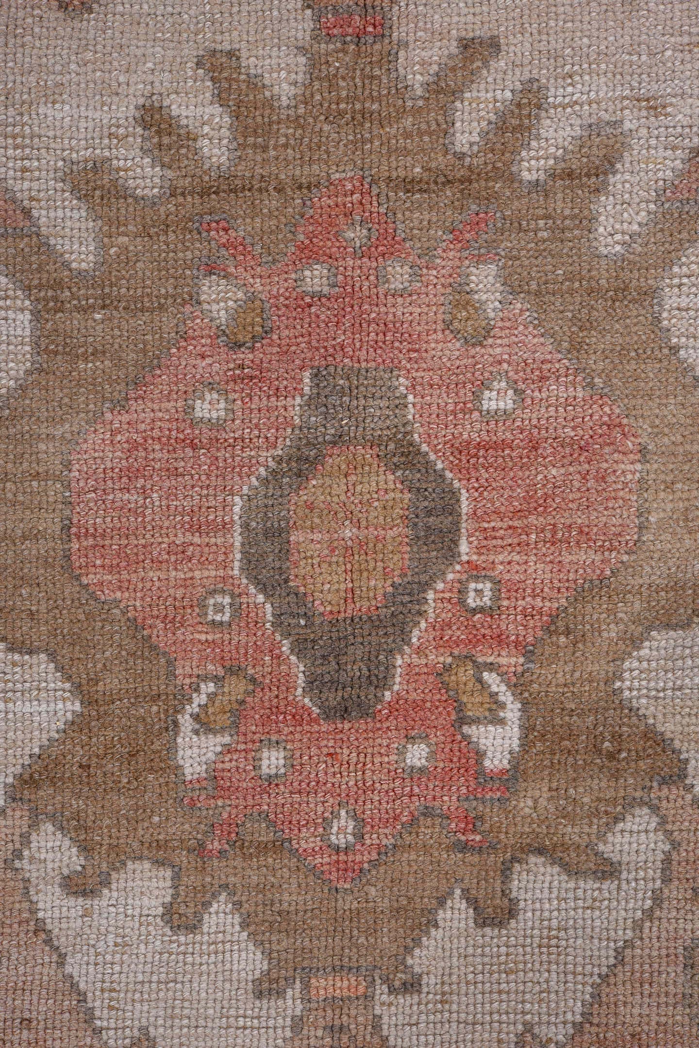 8' x 11' one-of-a-kind handmade antique  large size rug. Color palette: camel, taupe, ivory, rose, rust, brown, lilac, beige