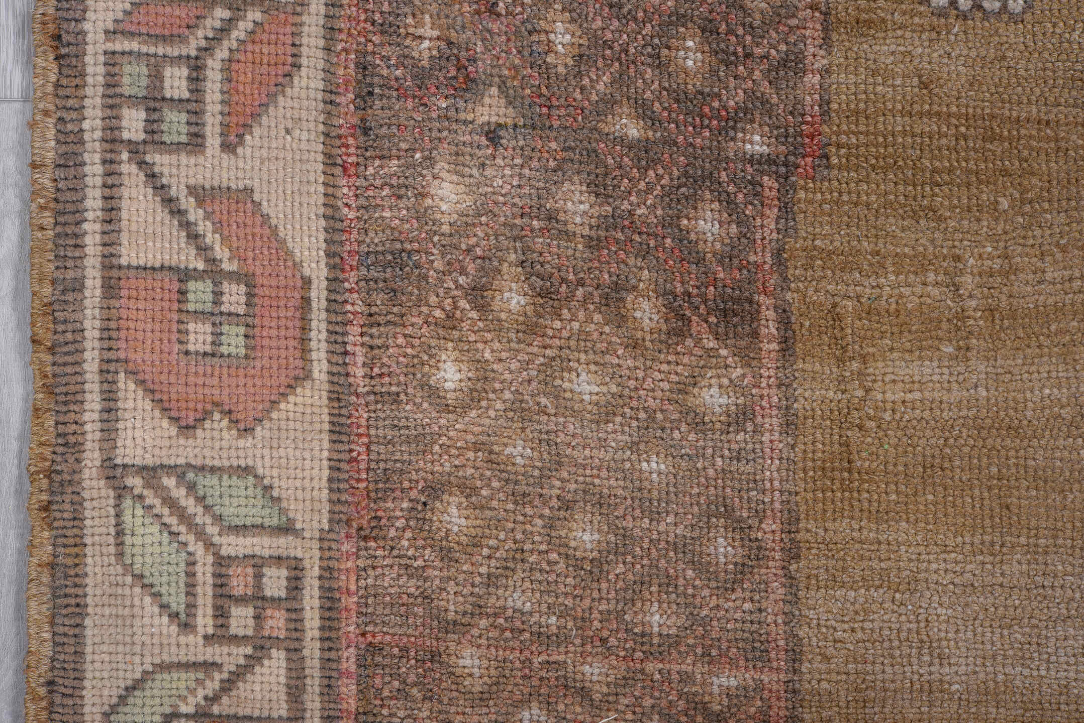 8' x 11' one-of-a-kind handmade antique  large size rug. Color palette: camel, taupe, ivory, rose, rust, brown, lilac, beige