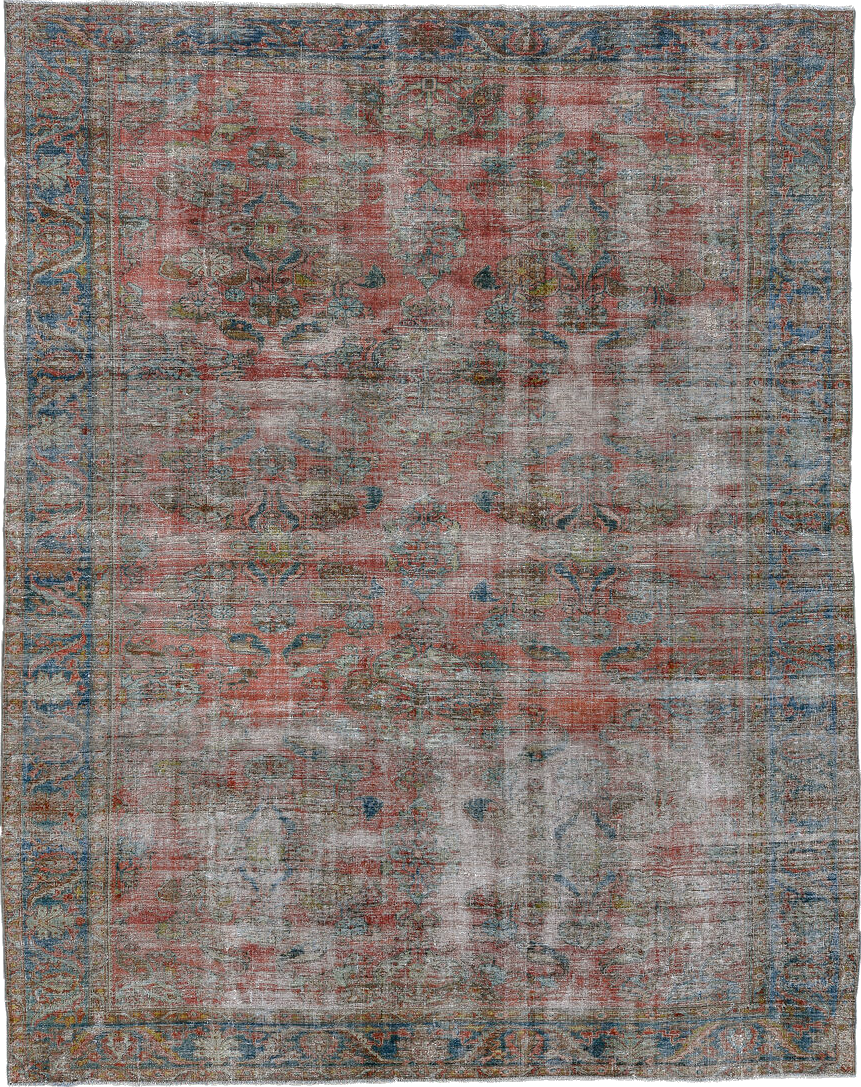 9' x 12' one-of-a-kind handmade vintage  large size rug. Color palette: black, blue, brown, dim gray, gray, light blue