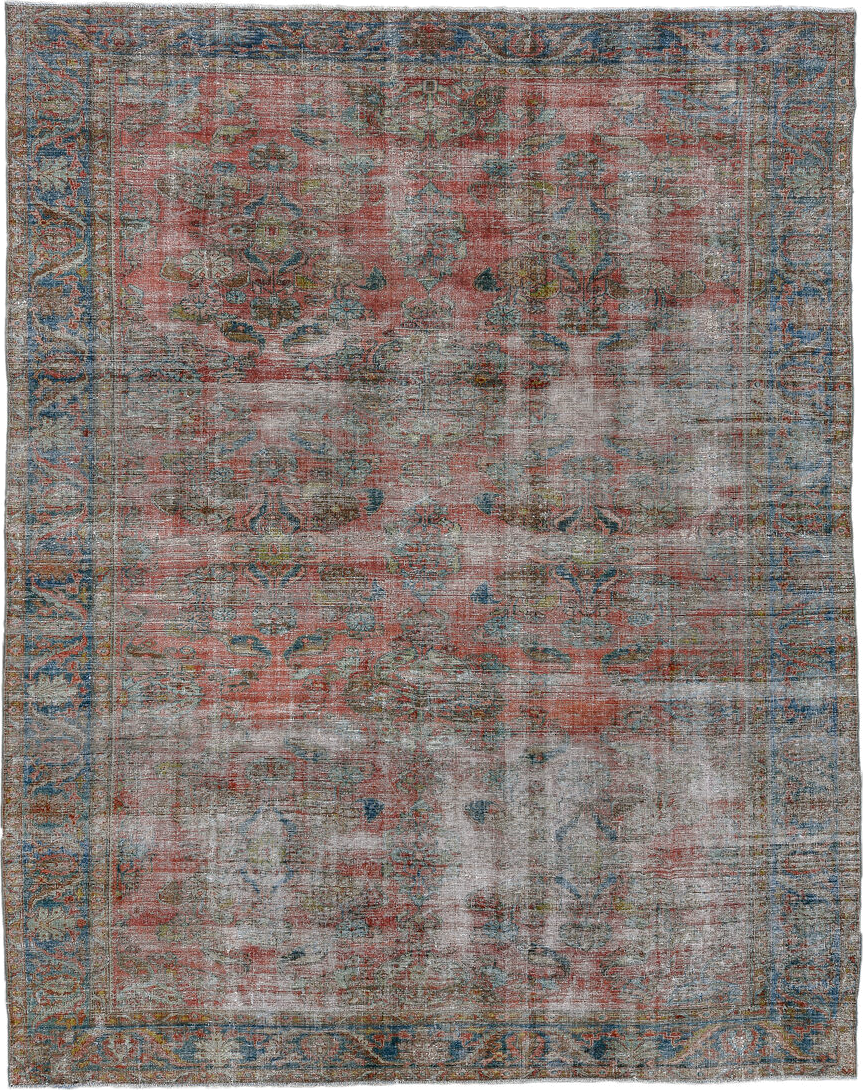 9' x 12' one-of-a-kind handmade antique  large size rug. Color palette: rose, powder_blue, ivory, taupe, slate, sage, rust