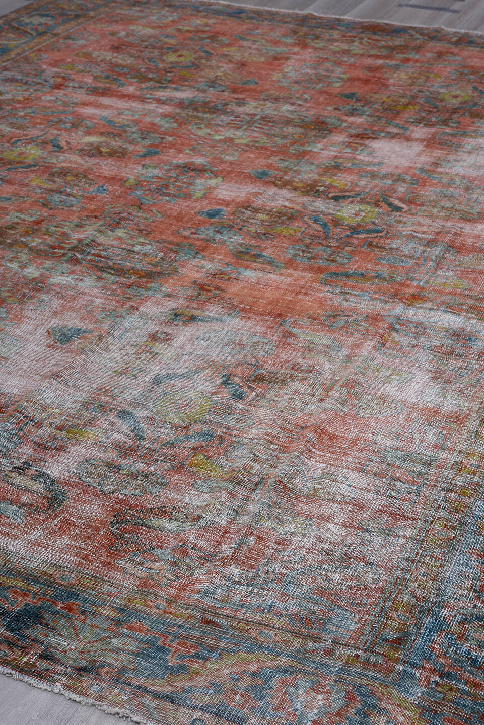9' x 12' one-of-a-kind handmade antique  large size rug. Color palette: rose, powder_blue, ivory, taupe, slate, sage, rust