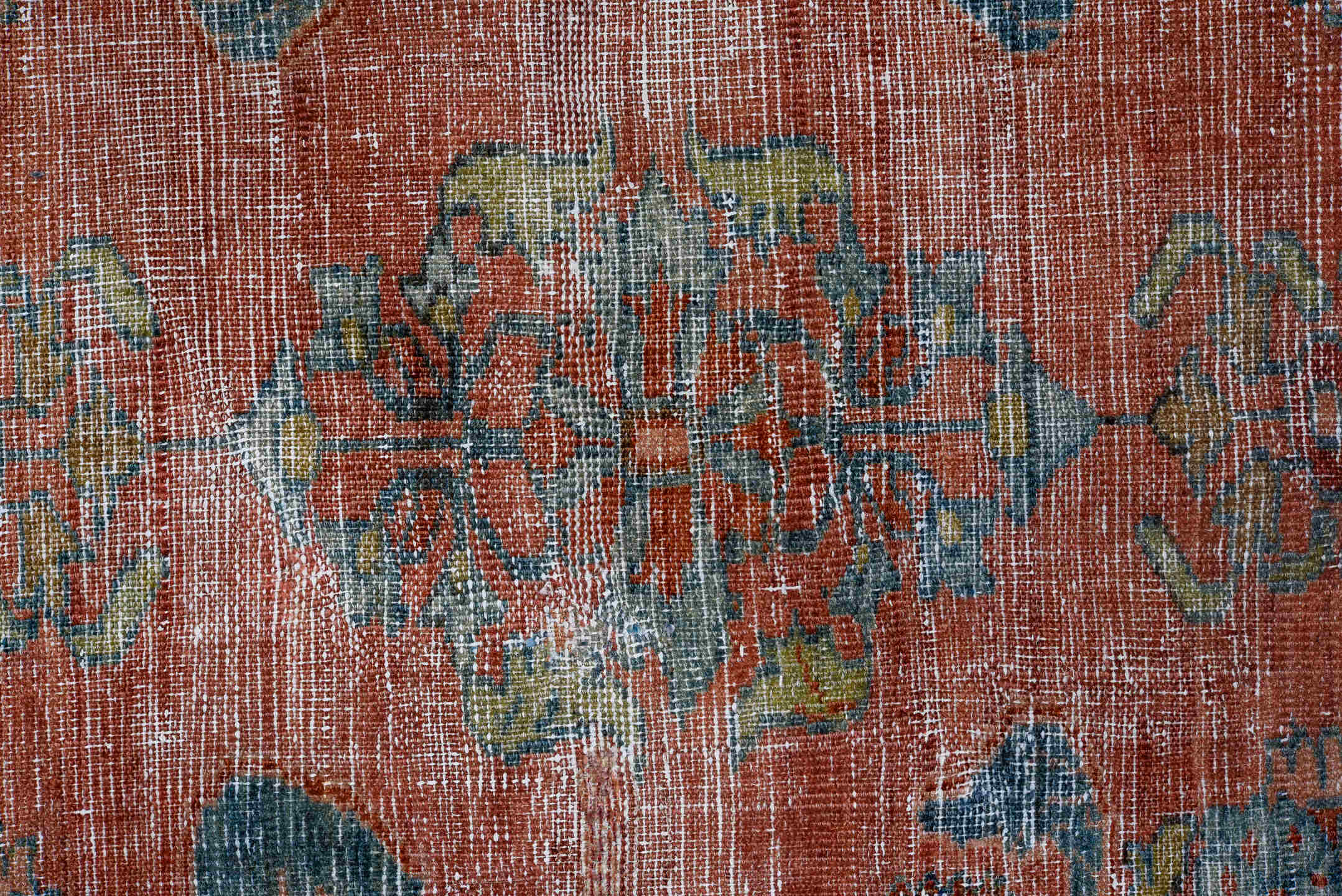 9' x 12' one-of-a-kind handmade antique  large size rug. Color palette: rose, powder_blue, ivory, taupe, slate, sage, rust