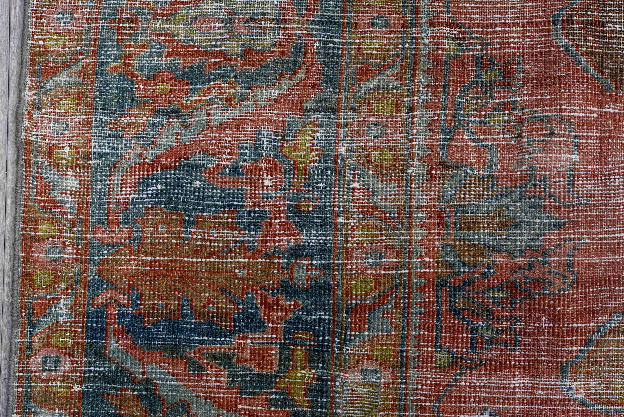 9' x 12' one-of-a-kind handmade antique  large size rug. Color palette: rose, powder_blue, ivory, taupe, slate, sage, rust
