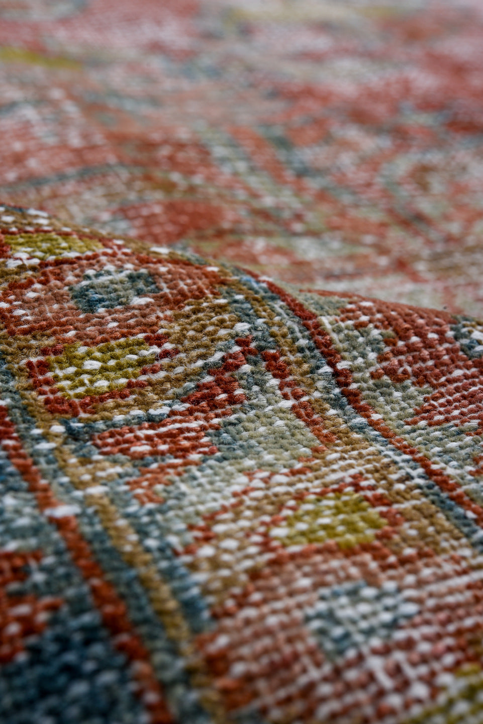 9' x 12' one-of-a-kind handmade antique  large size rug. Color palette: rose, powder_blue, ivory, taupe, slate, sage, rust