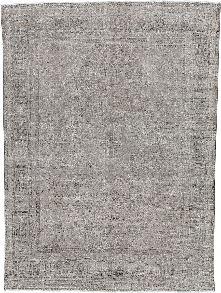 9' x 12' one-of-a-kind handmade antique Joshegan large size rug. Color palette: taupe, ivory, beige, gray, charcoal, black