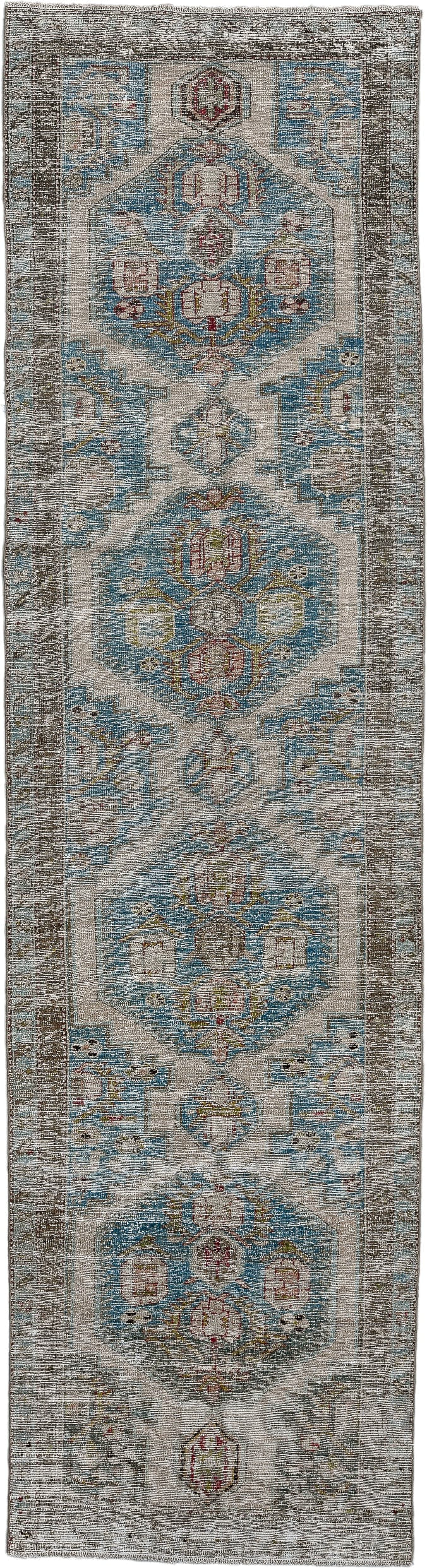 3' x 13' one-of-a-kind handmade antique Malayer runner rug. Color palette: ivory, sky blue, taupe, gray, rust, gold, rose