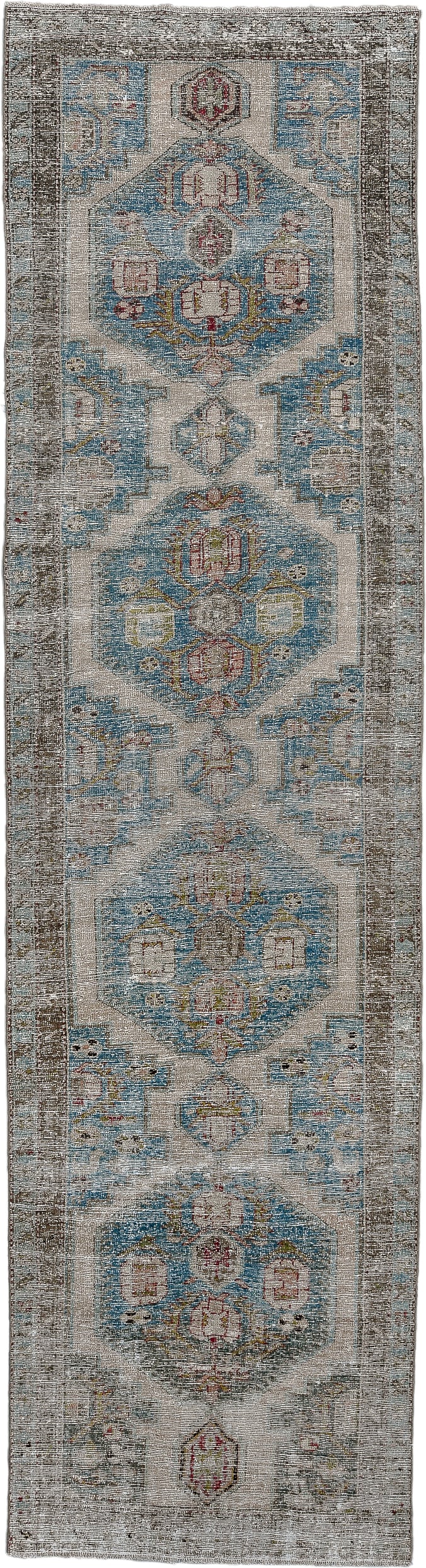 3' x 13' one-of-a-kind handmade antique Malayer runner rug. Color palette: ivory, sky blue, taupe, gray, rust, gold, rose