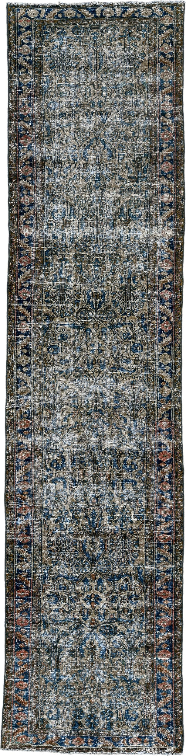 3' x 13' one-of-a-kind handmade vintage  runner rug. Color palette: blue, ivory, navy, rust, taupe, charcoal, terracotta