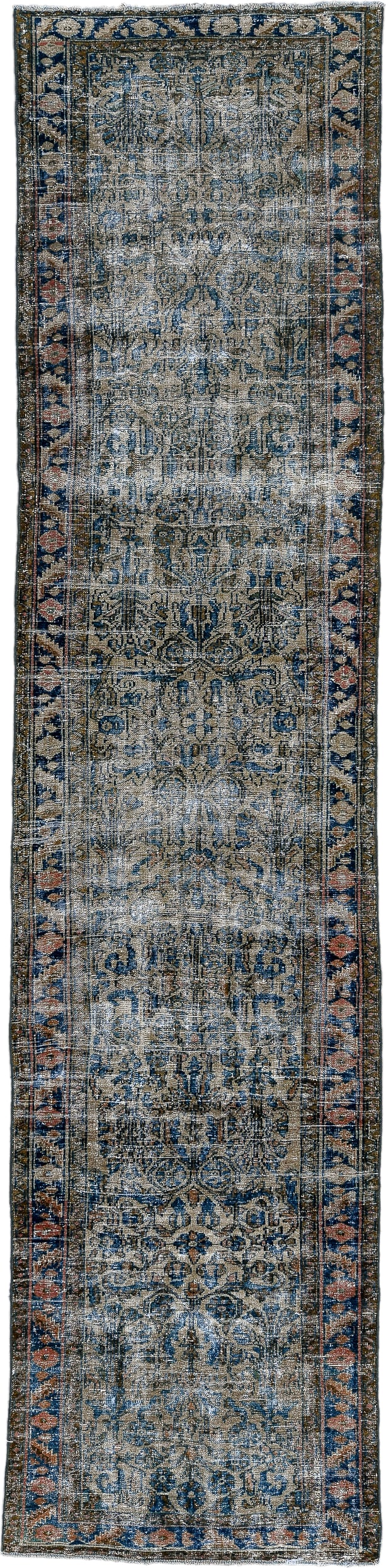 3' x 13' one-of-a-kind handmade vintage  runner rug. Color palette: blue, ivory, navy, rust, taupe, charcoal, terracotta