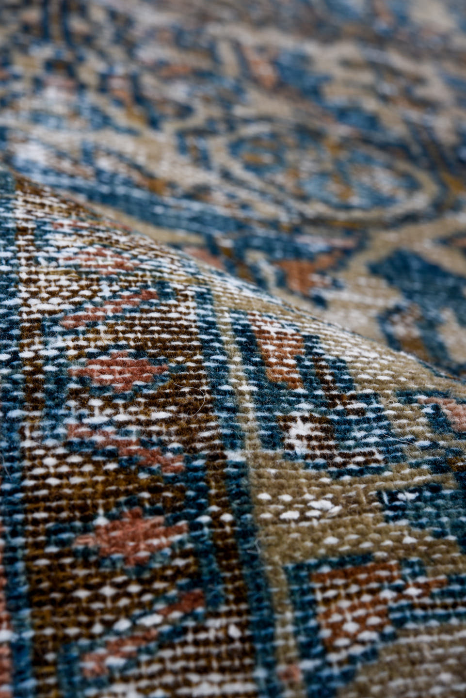 3' x 13' one-of-a-kind handmade vintage  runner rug. Color palette: blue, ivory, navy, rust, taupe, charcoal, terracotta