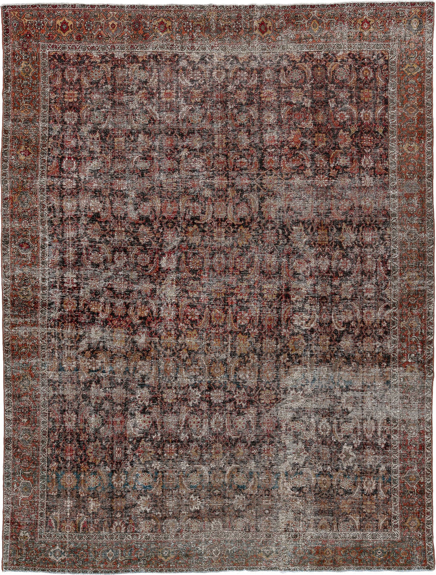 8' x 10' one-of-a-kind handmade antique Mahal large size rug. Color palette: rust, charcoal, ivory, taupe, gold, teal