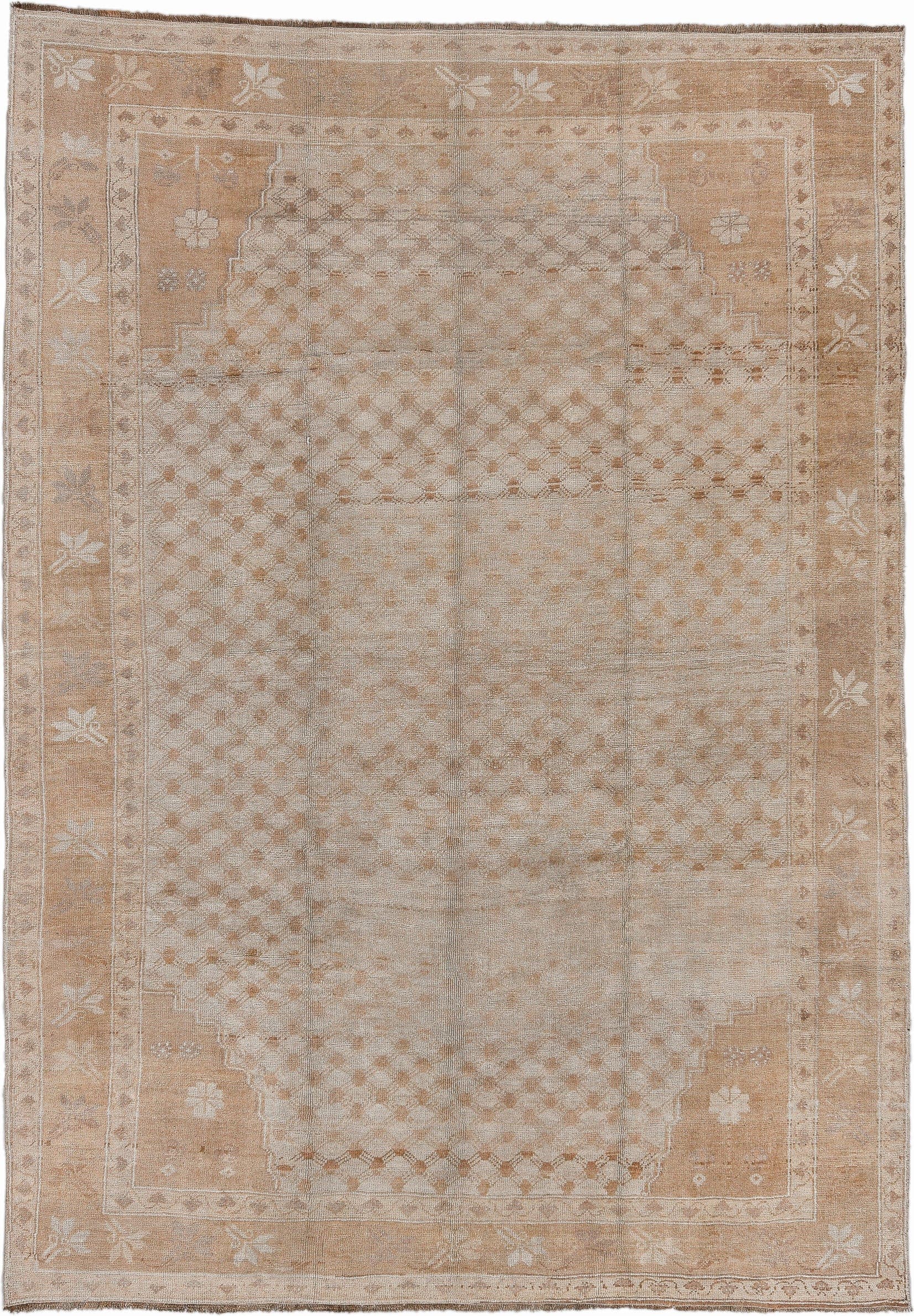 8' x 11' one-of-a-kind handmade antique Kars large size rug. Color palette: camel, ivory, taupe, beige, sand, gray