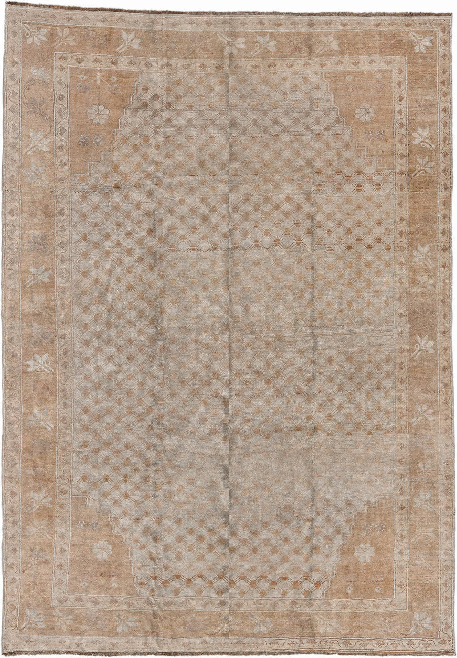 8' x 11' one-of-a-kind handmade antique Kars large size rug. Color palette: camel, ivory, taupe, beige, sand, gray