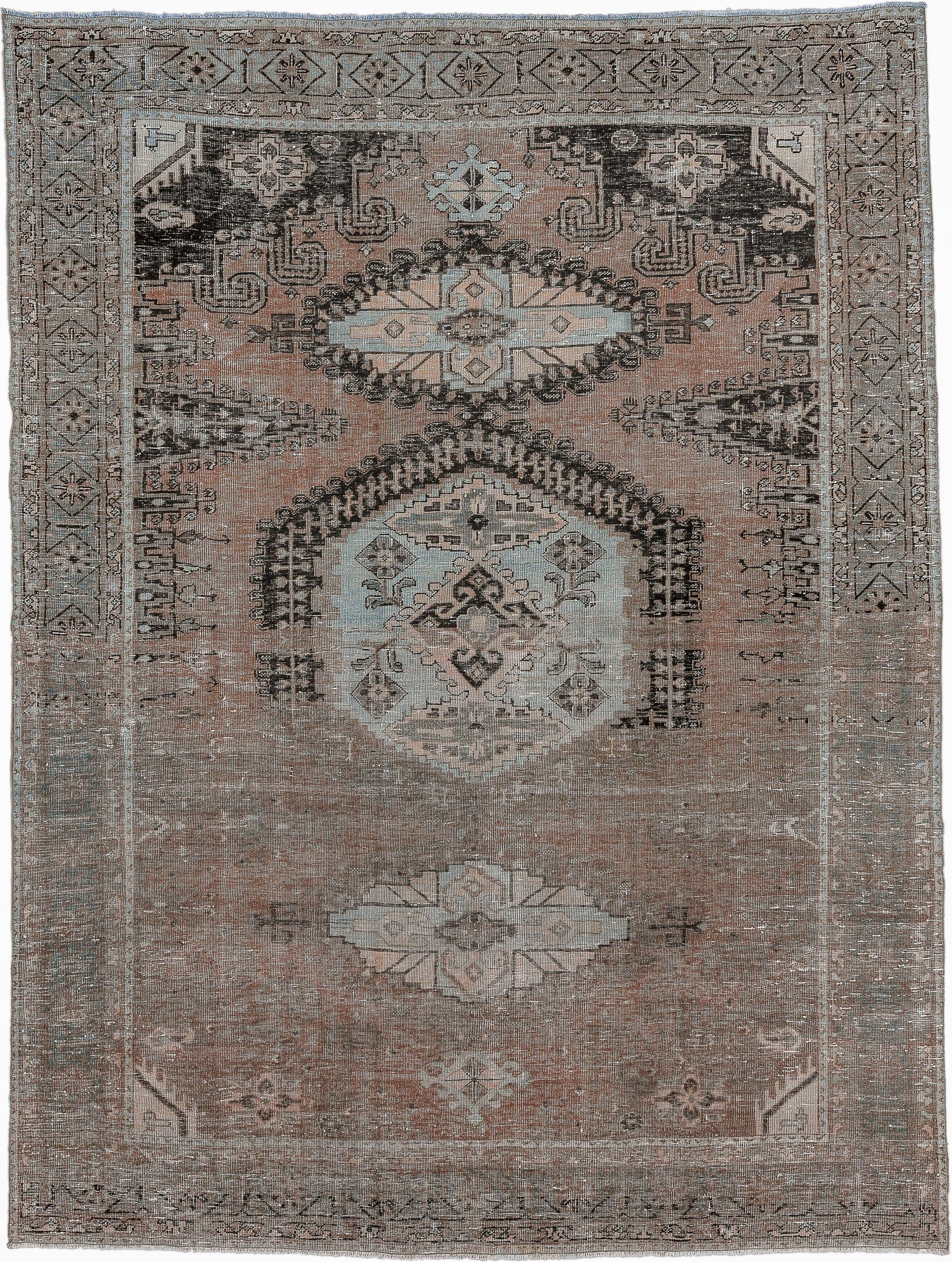 7' x 10' one-of-a-kind handmade antique Veece large size rug. Color palette: taupe, blush, charcoal, ivory, pale blue