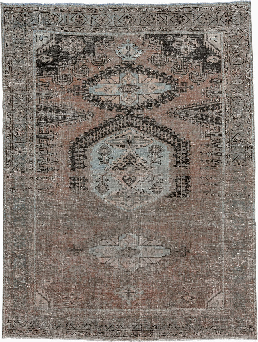 7' x 10' one-of-a-kind handmade antique Veece large size rug. Color palette: taupe, blush, charcoal, ivory, pale blue
