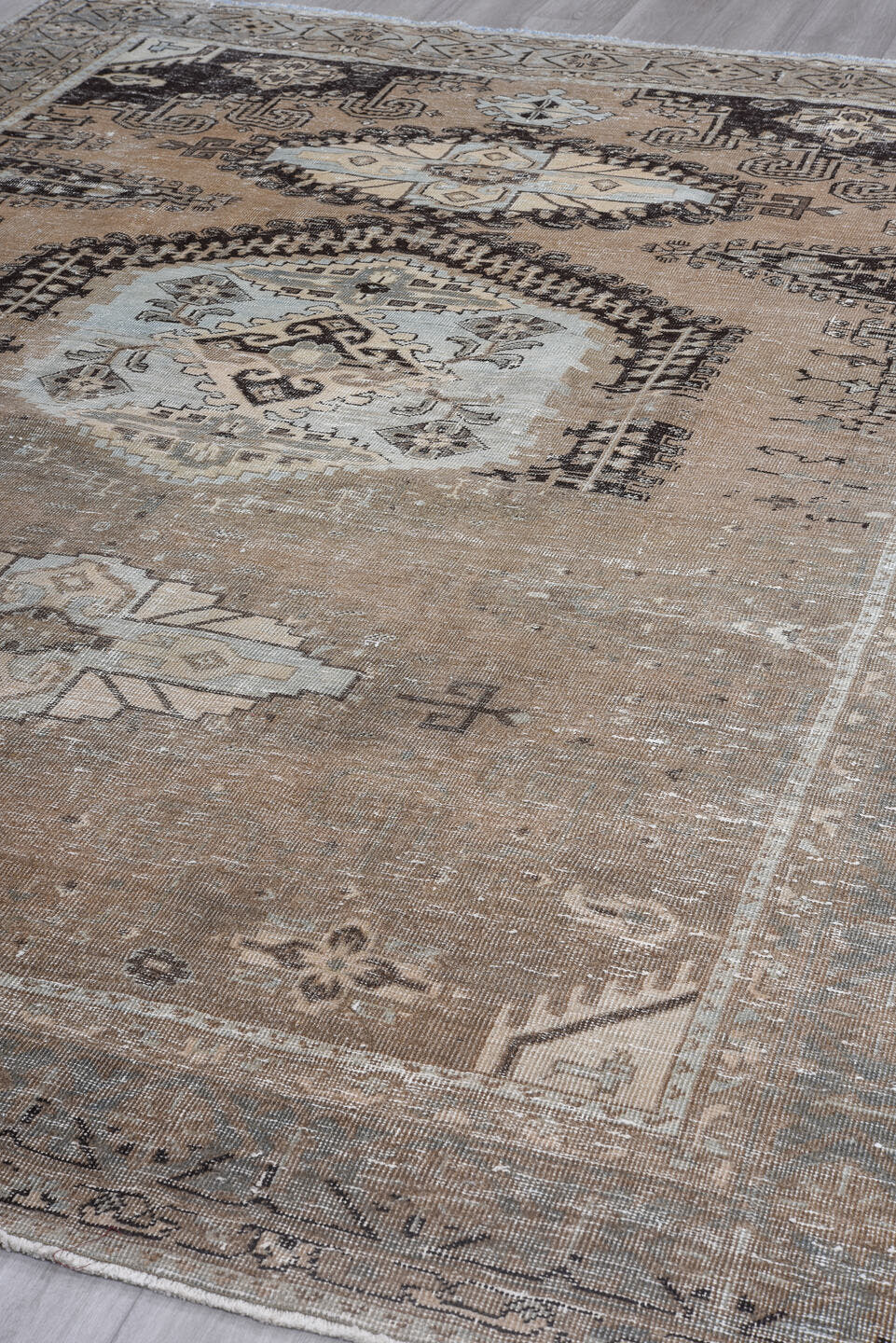 7' x 10' one-of-a-kind handmade antique Veece large size rug. Color palette: taupe, blush, charcoal, ivory, pale blue