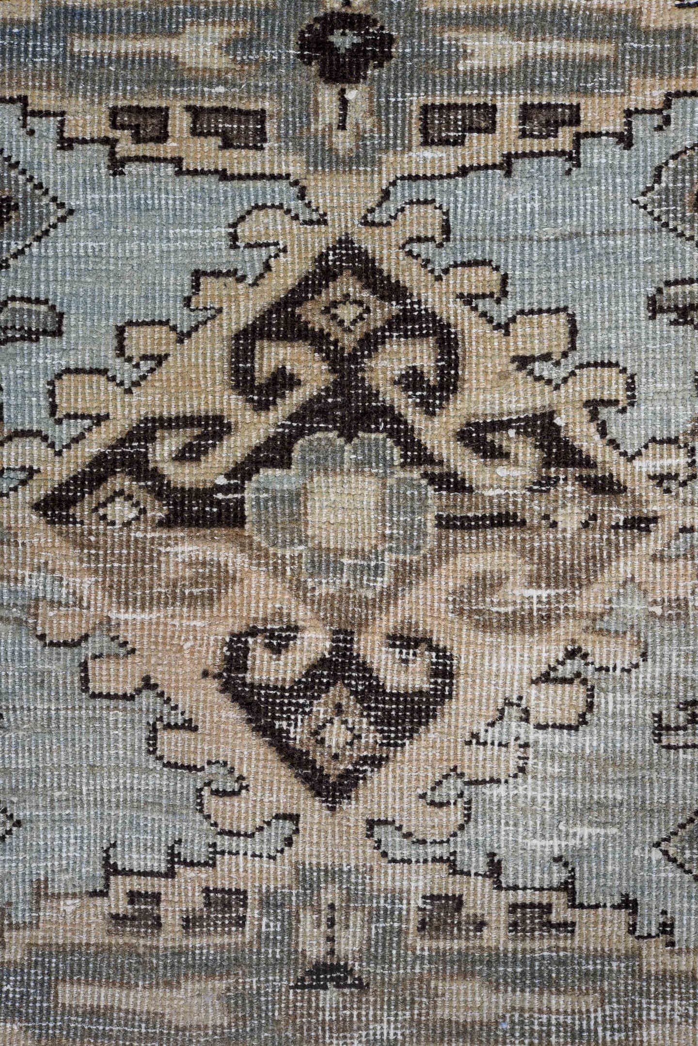 7' x 10' one-of-a-kind handmade antique Veece large size rug. Color palette: taupe, blush, charcoal, ivory, pale blue