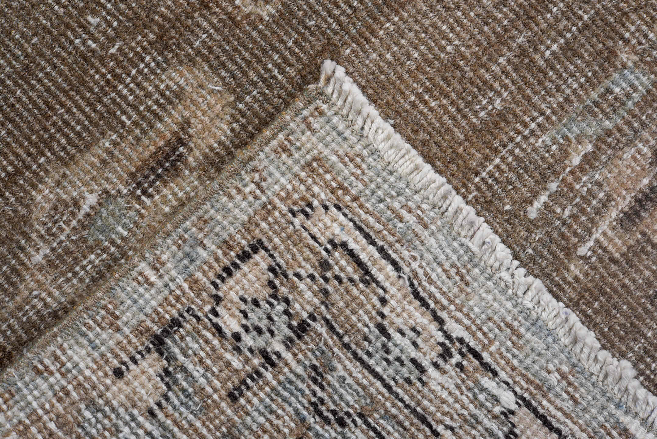 7' x 10' one-of-a-kind handmade antique Veece large size rug. Color palette: taupe, blush, charcoal, ivory, pale blue
