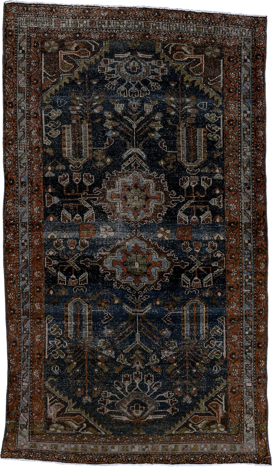 4' x 7' one-of-a-kind handmade antique Hamadan rug. Color palette: navy, rust, ivory, slate, taupe, olive, camel, charcoal