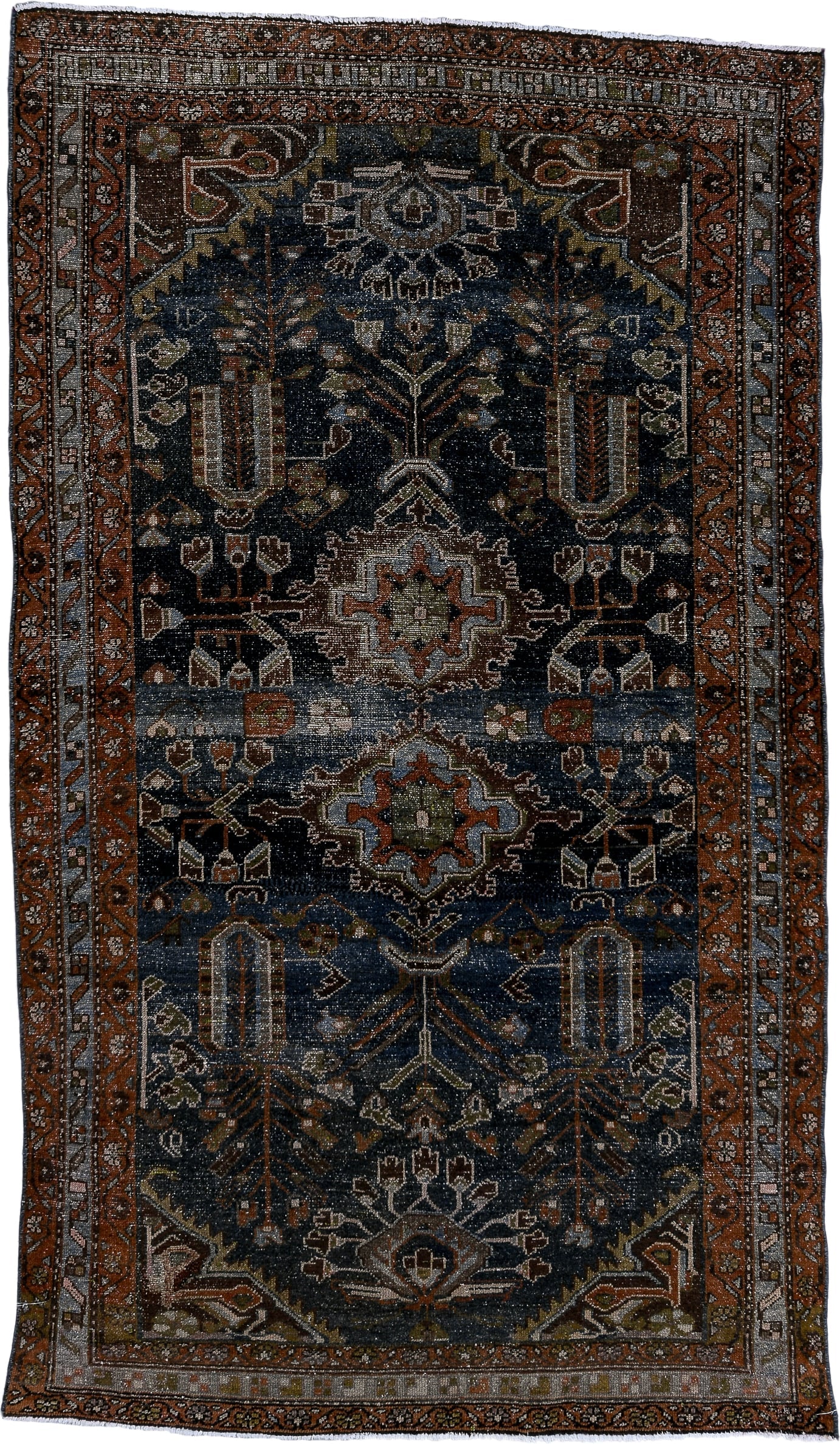 4' x 7' one-of-a-kind handmade antique Hamadan rug. Color palette: navy, rust, ivory, slate, taupe, olive, camel, charcoal