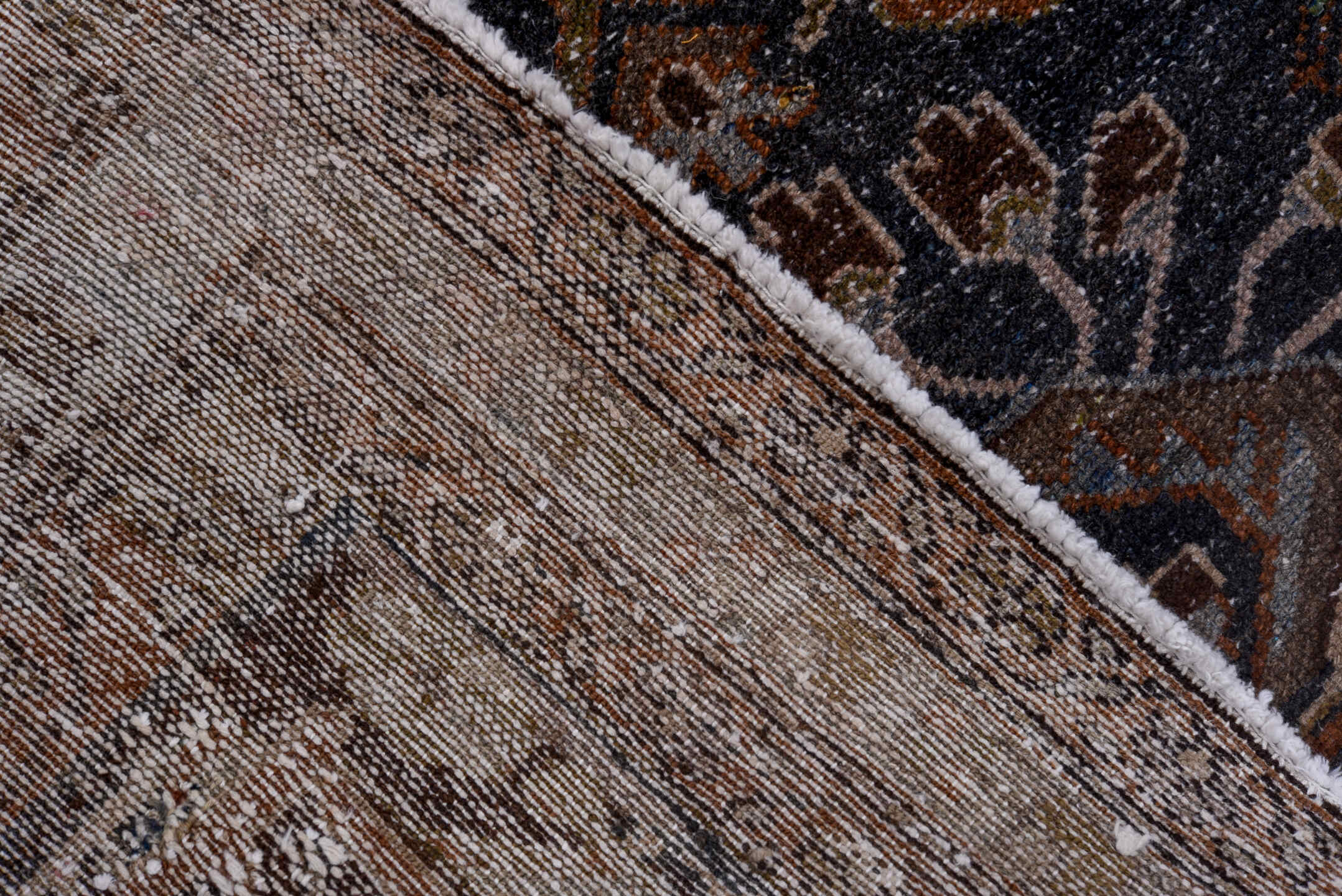 4' x 7' one-of-a-kind handmade antique Hamadan rug. Color palette: navy, rust, ivory, slate, taupe, olive, camel, charcoal