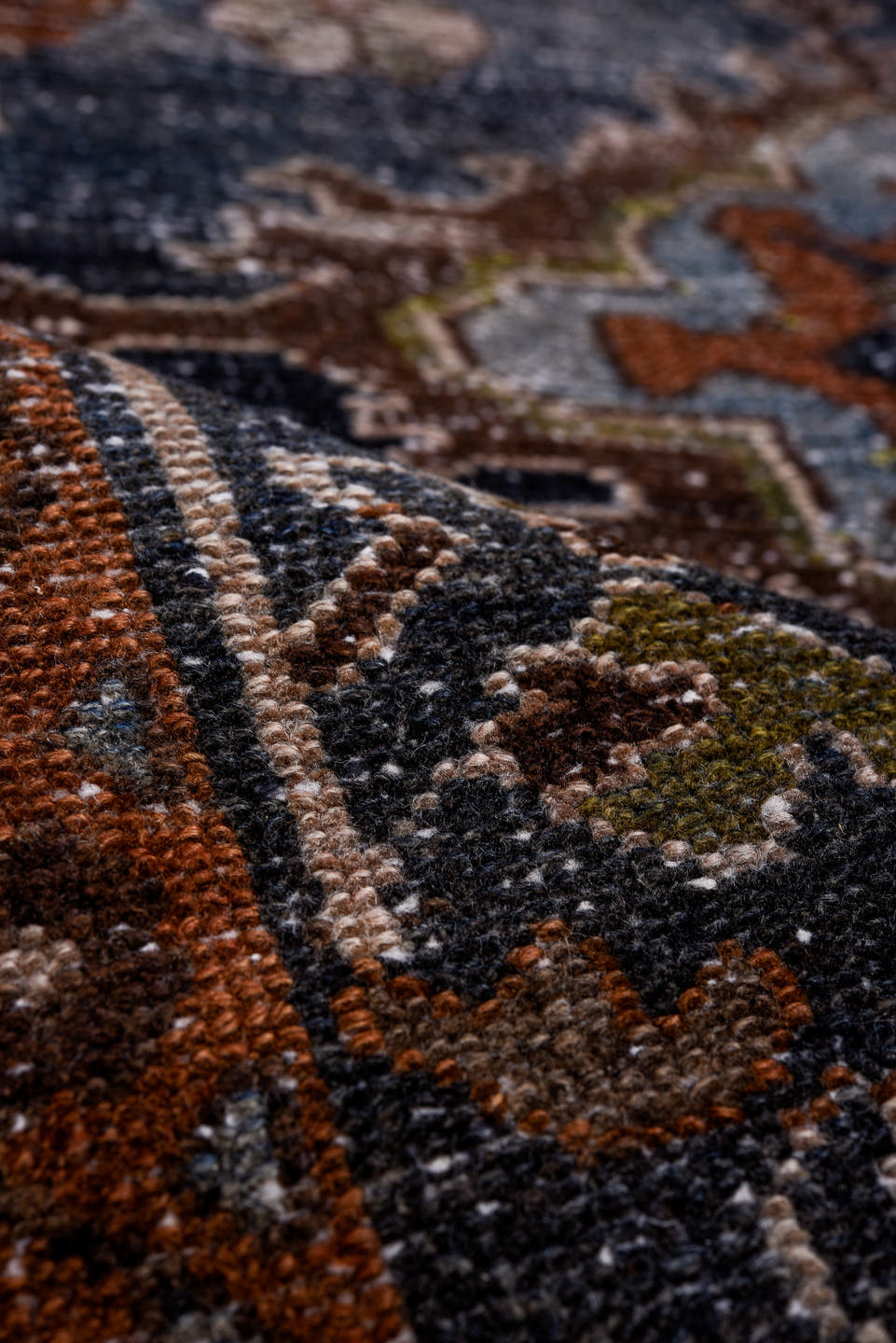 4' x 7' one-of-a-kind handmade antique Hamadan rug. Color palette: navy, rust, ivory, slate, taupe, olive, camel, charcoal