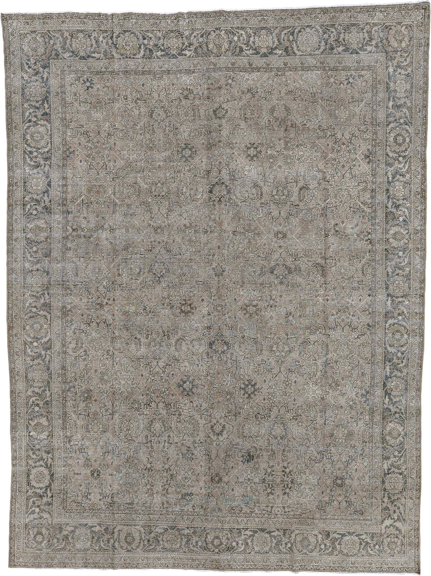 9' x 12' one-of-a-kind handmade antique  large size rug. Color palette: ivory, taupe, slate, charcoal, beige, sage, gray