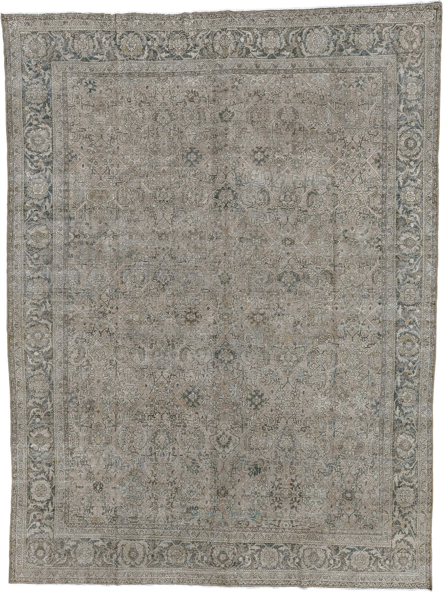 9' x 12' one-of-a-kind handmade antique  large size rug. Color palette: ivory, taupe, slate, charcoal, beige, sage, gray