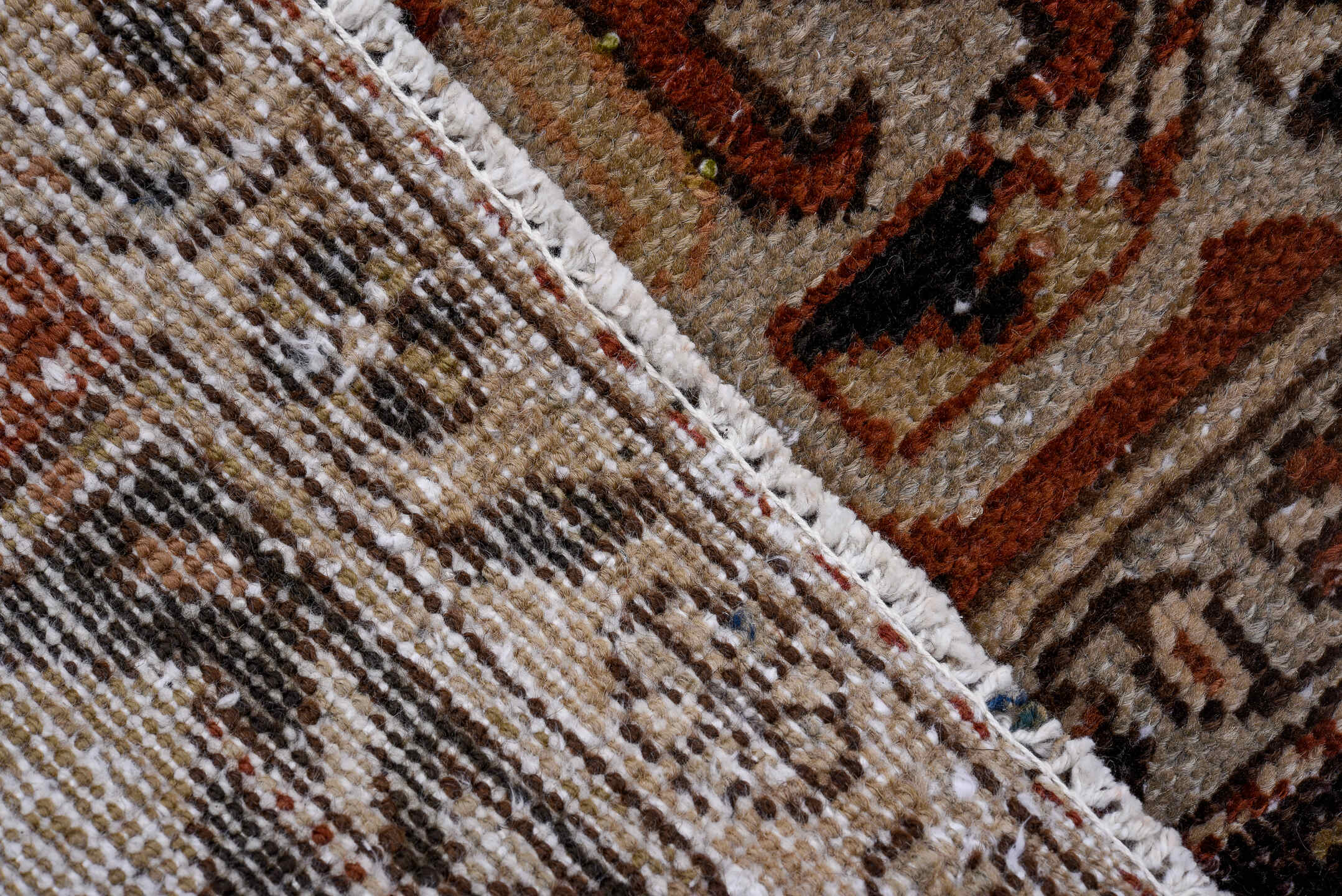3' x 11' one-of-a-kind handmade antique Heriz runner rug. Color palette: rust, ivory, brown, taupe, charcoal, black, camel