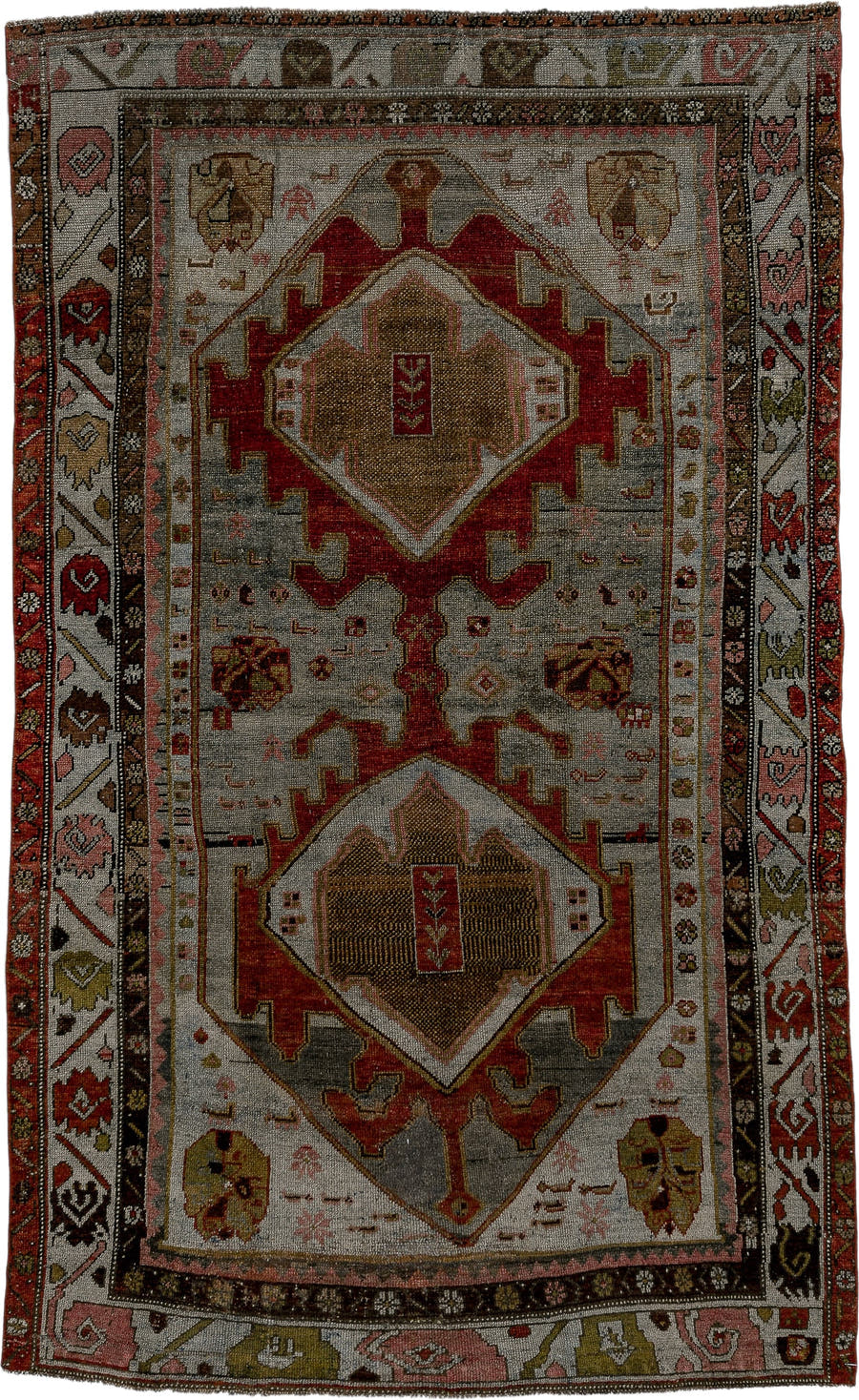 4' x 7' one-of-a-kind handmade antique Kurd medium size rug. Color palette: ivory, rust, charcoal, camel, olive, rose, taupe