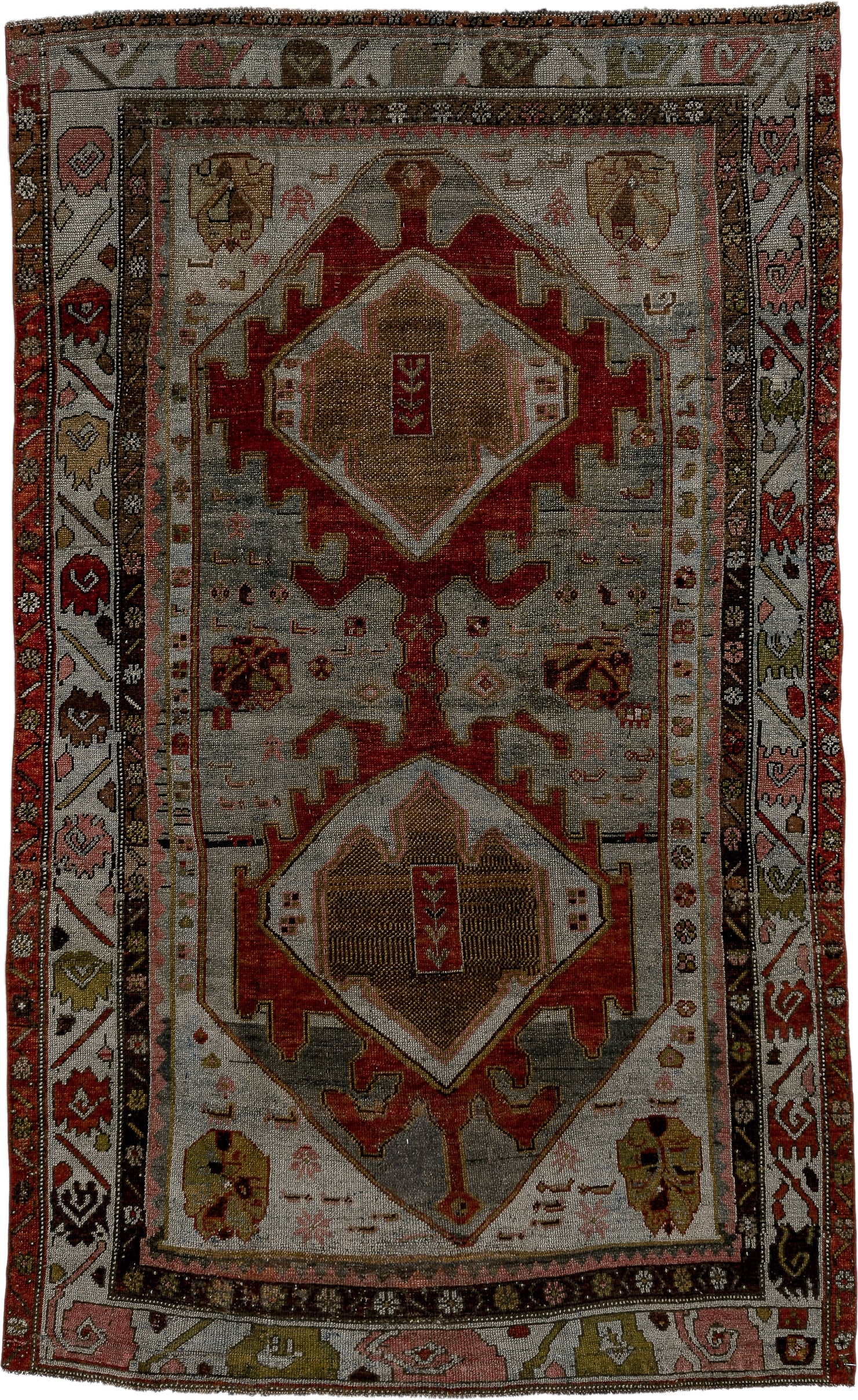 4' x 7' one-of-a-kind handmade antique Kurd medium size rug. Color palette: ivory, rust, charcoal, camel, olive, rose, taupe