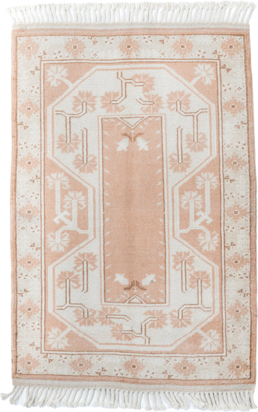 2' x 4' one-of-a-kind handmade antique Anatolian small size rug. Color palette: ivory, blush, peach, sand, camel, pink