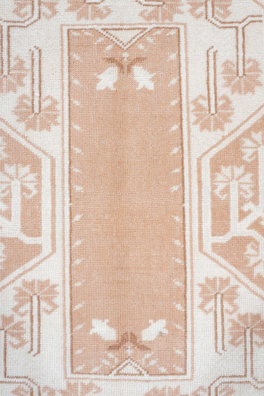2' x 4' one-of-a-kind handmade antique Anatolian small size rug. Color palette: ivory, blush, peach, sand, camel, pink