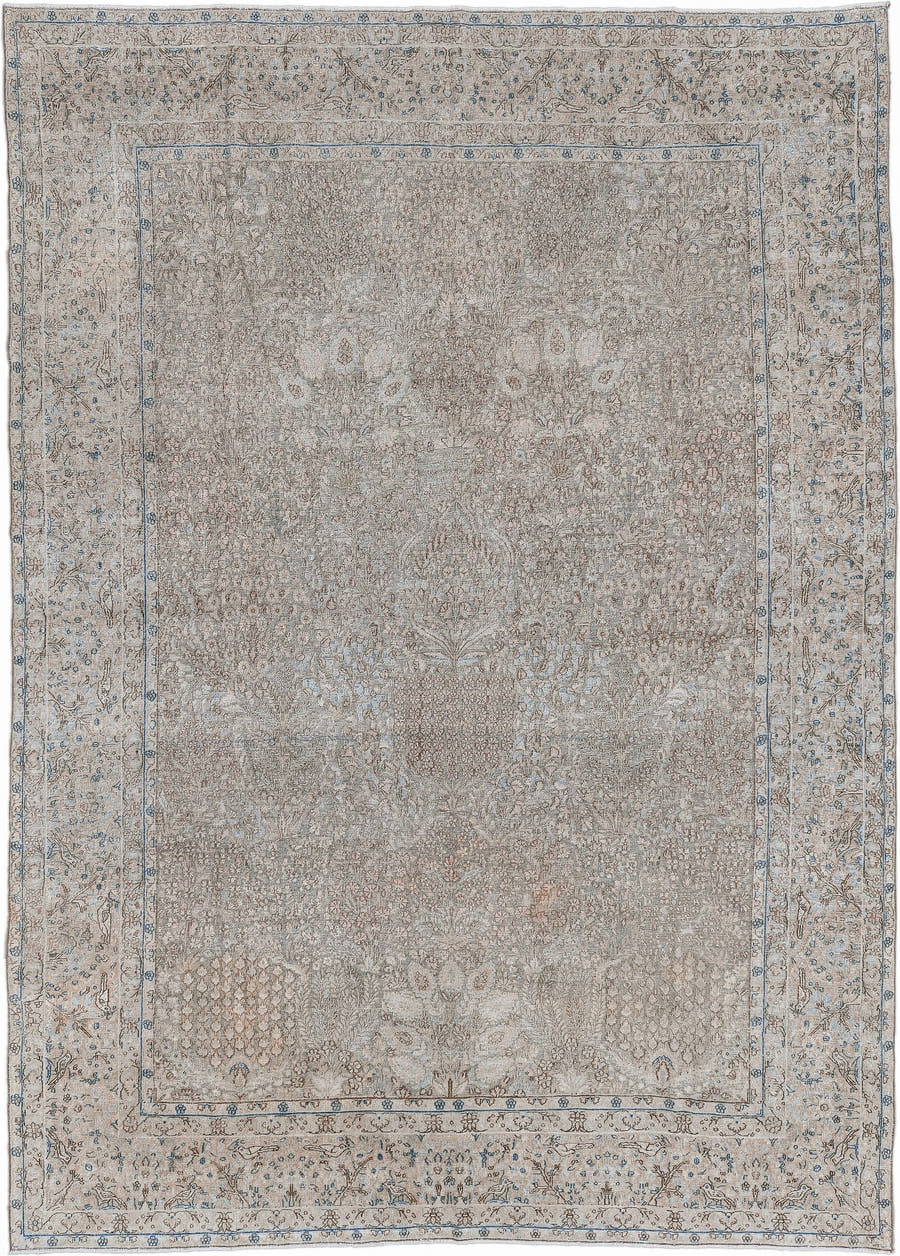 8' x 11' one-of-a-kind handmade antique Tabriz large size rug. Color palette: ivory, taupe, beige, pale blue, camel, gray