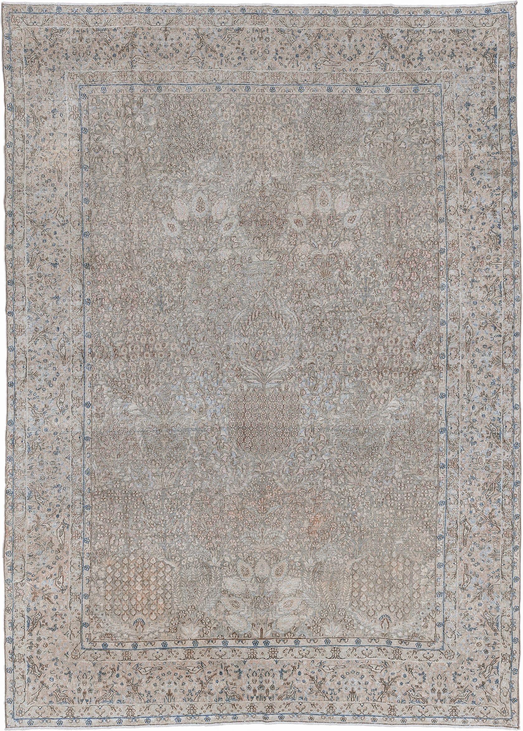 8' x 11' one-of-a-kind handmade antique Tabriz large size rug. Color palette: ivory, taupe, beige, pale blue, camel, gray