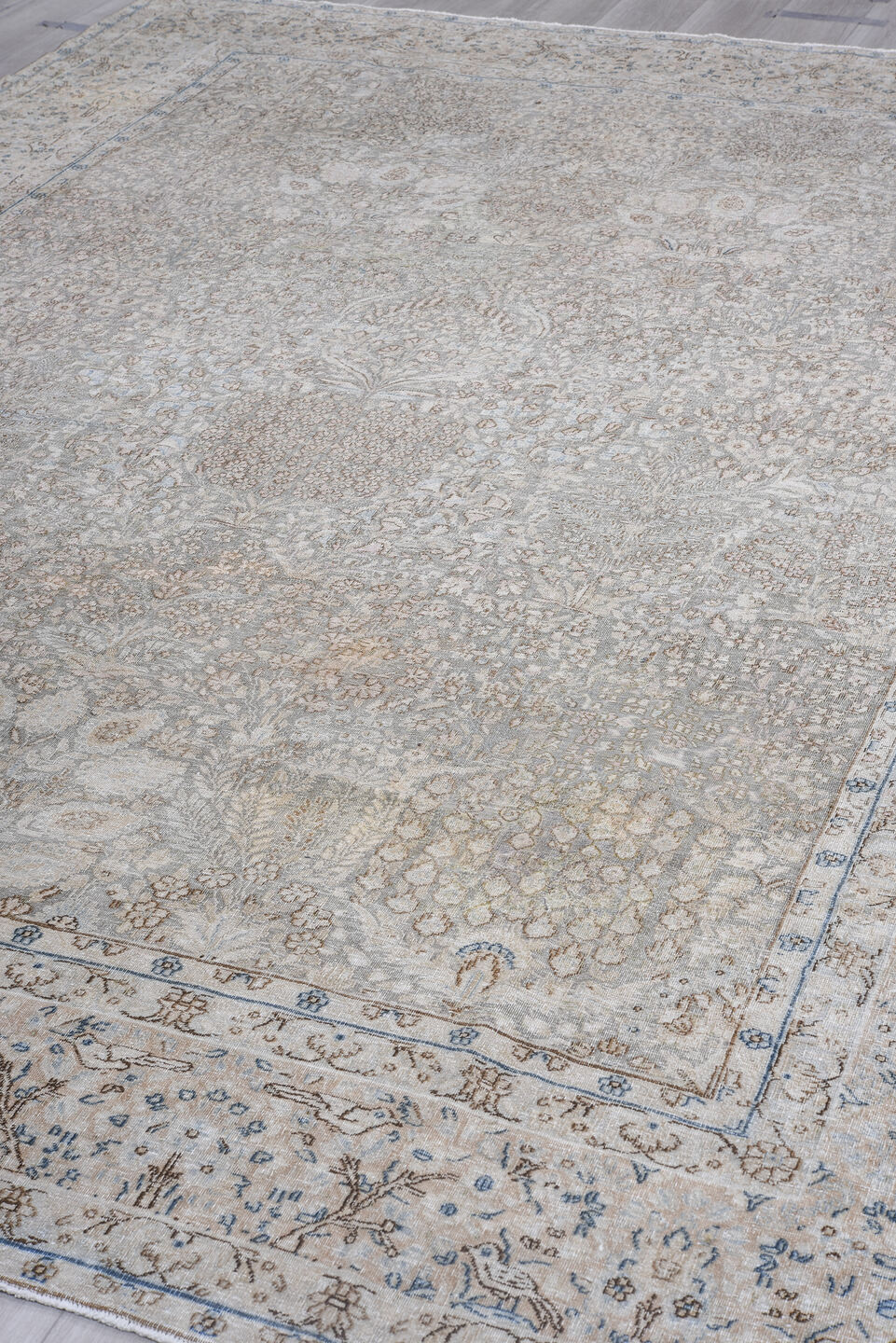 8' x 11' one-of-a-kind handmade antique Tabriz large size rug. Color palette: ivory, taupe, beige, pale blue, camel, gray